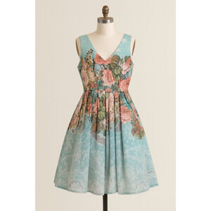 Darling | Floral Teal Fit and Flare Dress | Size L